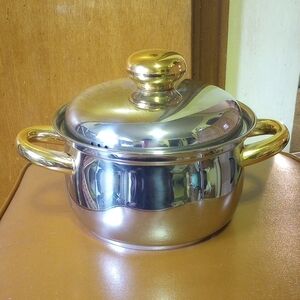Belgique 2 Quart Stainless Steel & Aluminum Pot w/ Gold Trim & Handles, Lid
